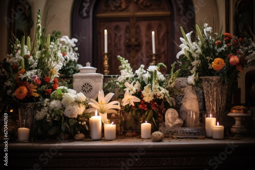 a beautifully decorated altar with flowers and lit candles