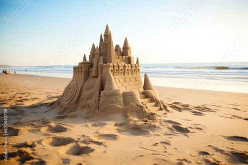 a sandcastle built at the beach, no people photo