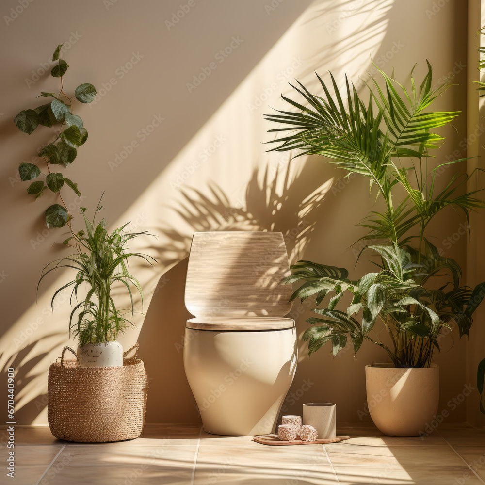 Toilet seat with green tropical plant leaf and beautiful sun light and shadow on beige wall for luxury beauty, organic, health, cosmetic, jewelry fashion product display background, nature 