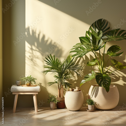 Toilet seat with green tropical plant leaf and beautiful sun light and shadow on beige wall for luxury beauty, organic, health, cosmetic, jewelry fashion product display background, nature "ai generat
