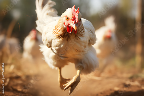 Chicken running i the wild on a sunny day, motion blurred, high speed, egg chicken, hunted chicken