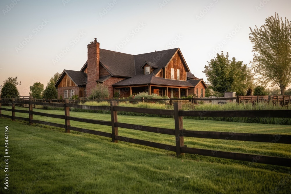 wood and brick farmhouse with rustic fences in the foreground wood and brick farmhouse with rustic fences in the foreground