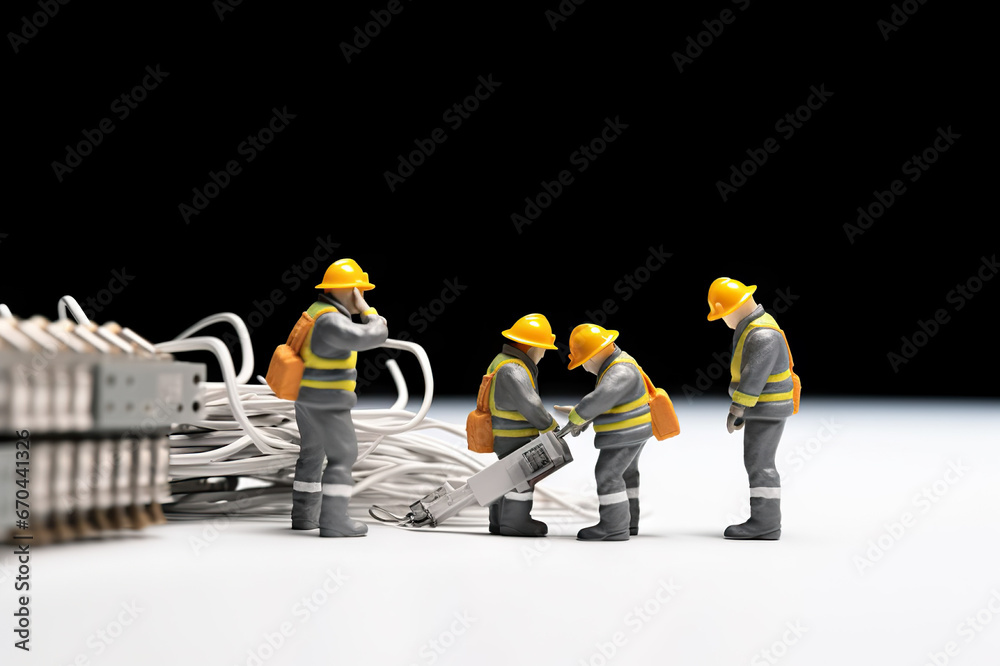 Fototapeta premium Technician Team Figurines Skilled Technicians with Cat5 Network Cable, Illustrating a Networking Concept with Precision and Expertise. created with Generative AI