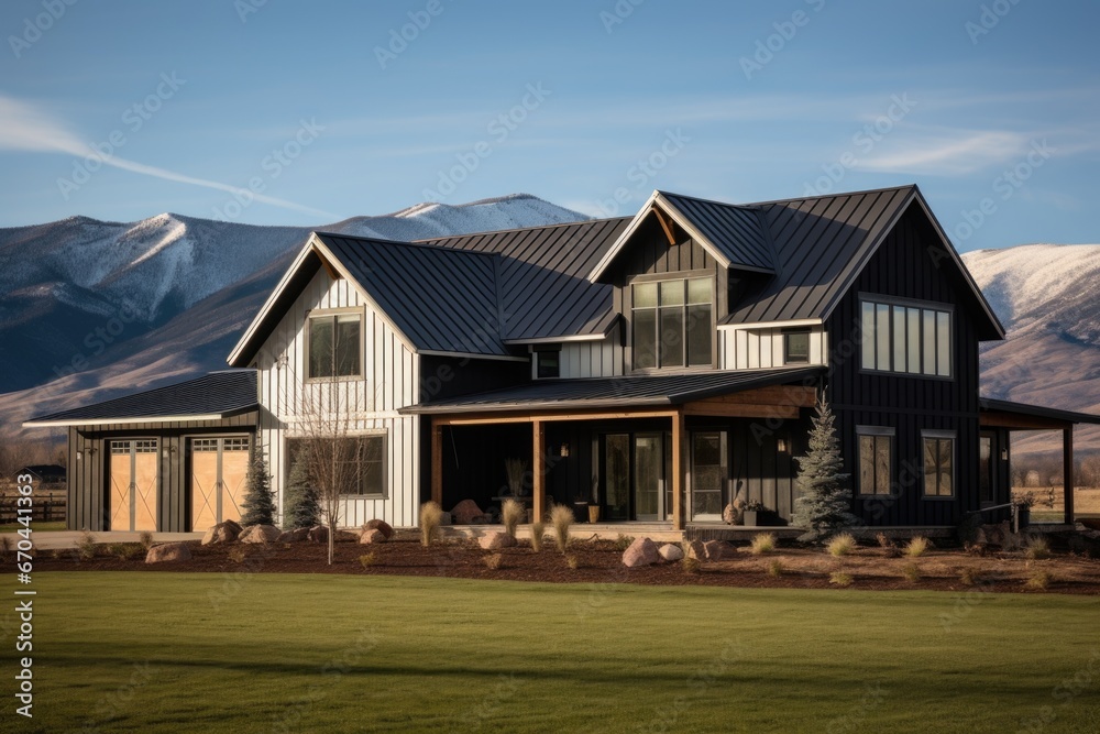 farmhouse with barn addition against mountainous backdrop farmhouse with barn addition against mountainous backdrop