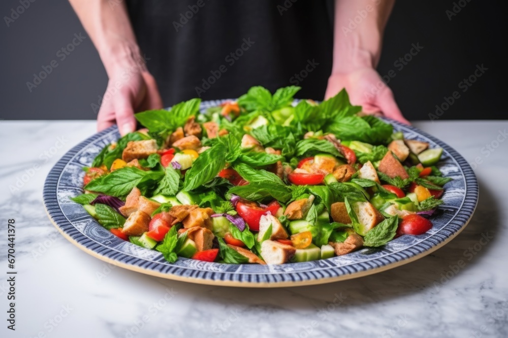 hand carrying a platter of fattoush salad against a marble backdrop