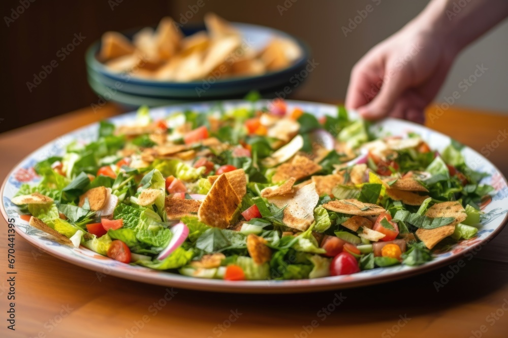 hand serving a plate of fattoush salad hand serving a plate of fattoush salad