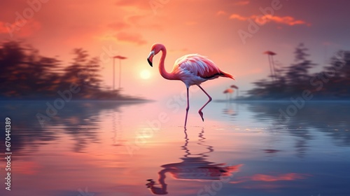 A graceful flamingo performing a solo dance  its reflection shimmering on the wet sand  with waves in the distance.