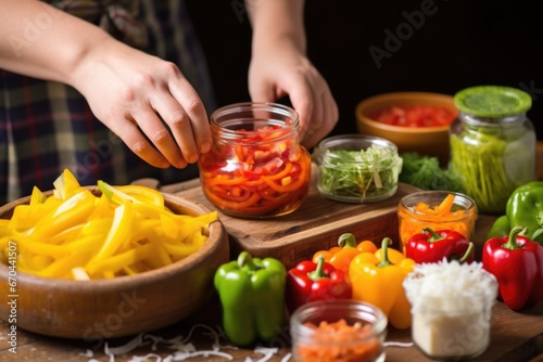hand filling bell peppers with fermented salsa and cheese