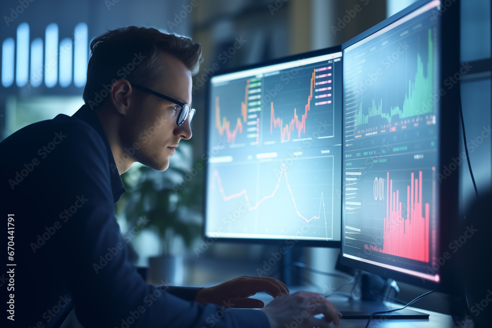 Business man trader big data analyst looking at computer monitor, stock broker analysing indexes, financial chart trading online on screen Business man trader big data analyst looking at computer monitor, stock broker analysing indexes, financial chart trading online on screen