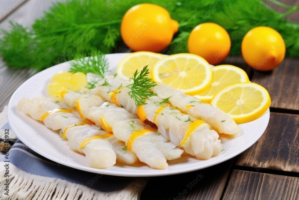 fresh codfish skewers with lemon and ruffle cut-outs fresh codfish skewers with lemon and ruffle cut-outs