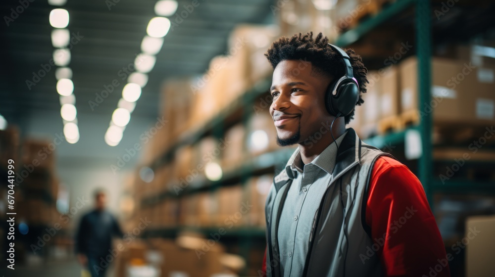African American supervisor holding a cardboard box Young warehouse worker wearing headphones listening to music