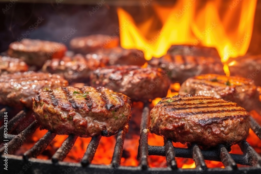 a row of burgers flame-grilling on a round bbq grill