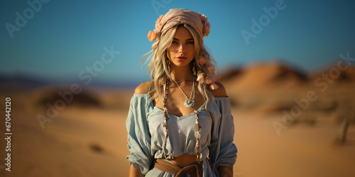 mysterious young tribal woman in the desert, a lonely female nomad