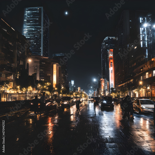 Night view of the city skyline with cars on the street and bright neon lights on buildings