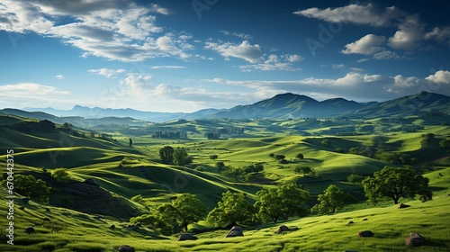 Fresh green landscape with sky and hills and mountains , Created with generative Ai