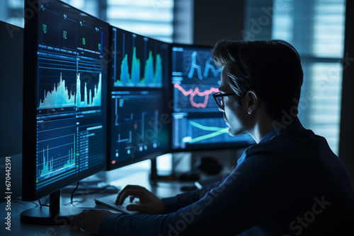 Business man trader big data analyst looking at computer monitor, stock broker analysing indexes, financial chart trading online on screen photo