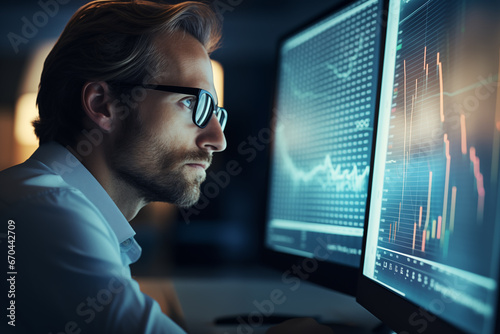 Business man trader big data analyst looking at computer monitor, stock broker analysing indexes, financial chart trading online on screen © Jasmina