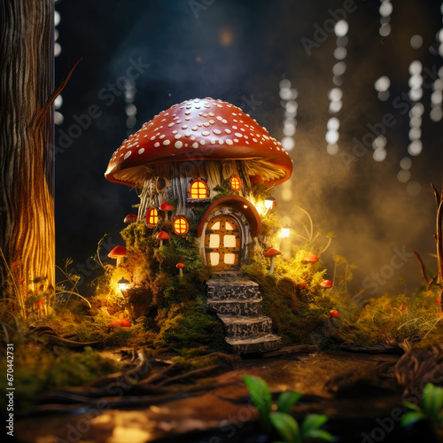 Miniature fairy house in amanita muscaria mushroom. Fairy tale mushroom house in the middle of a magical forest