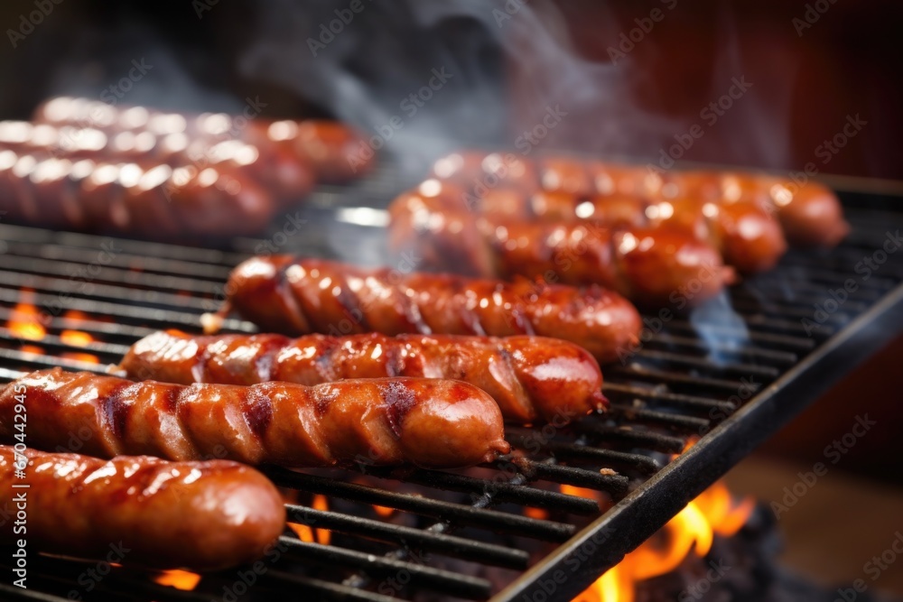 german sausages cooking on barbecue grill german sausages cooking on barbecue grill