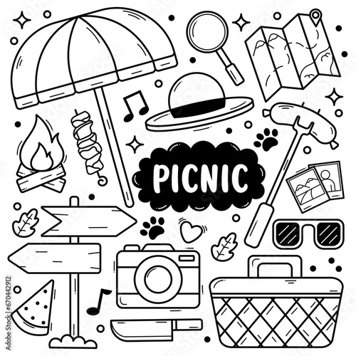 Hand drawn doodle set of picnic and camping elements. Vector illustration