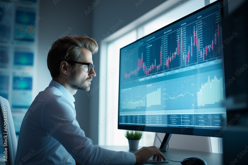 Business man trader big data analyst looking at computer monitor, stock broker analysing indexes, financial chart trading online on screen