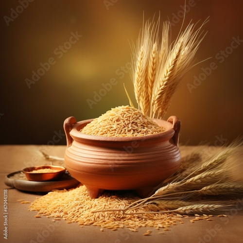 illustration of Traditional pot of paddy grains symbolising hindu, Generative ai