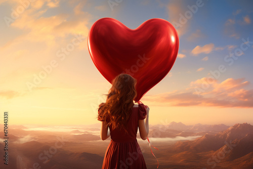 Woman holding heart shaped balloon for love valentine