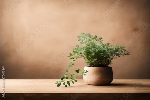 A plant on a wooden table with a neutral, earthy backdrop, highlighting natural elements.