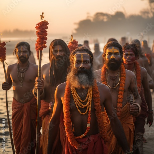 illustration ofUnidentified Hindu pilgrims carrying out a religious, Generative ai photo