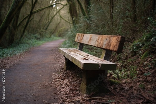 a patched wooden bench on a solitary trail