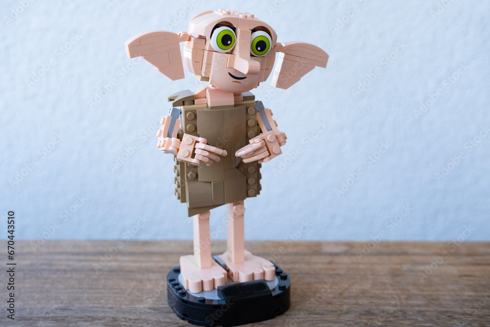 Fototapeta premium Close-up of construction from LEGO pieces, Fandom figure of elf Dobby, construction toys in children's development, Harry Potter Fan Culture, Frankfurt - October, 28, 2023