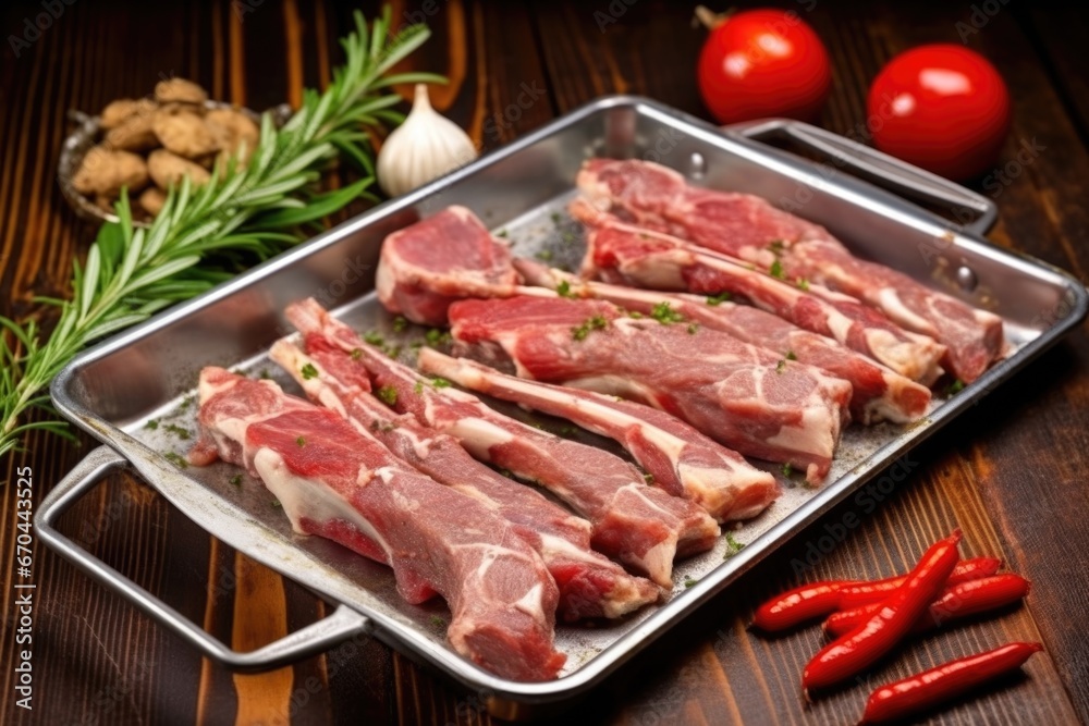 silver tray with seasoned lamb ribs ready to roast