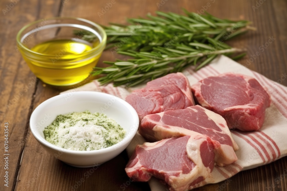 garlic and rosemary rub spread over uncooked lamb chops garlic and rosemary rub spread over uncooked lamb chops