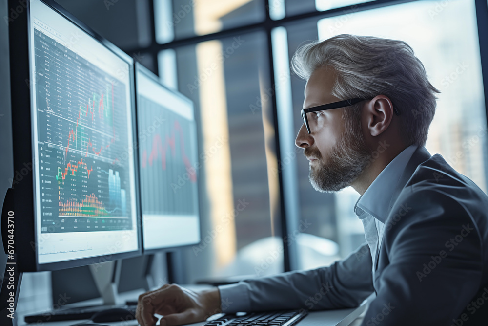 Business man trader big data analyst looking at computer monitor, stock broker analysing indexes, financial chart trading online on screen Business man trader big data analyst looking at computer monitor, stock broker analysing indexes, financial chart trading online on screen