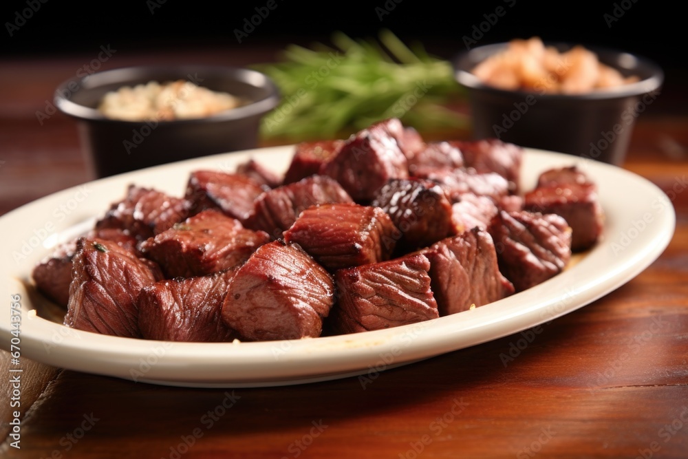 side view of garlic bbq steak tips on a dinner plate side view of garlic bbq steak tips on a dinner plate