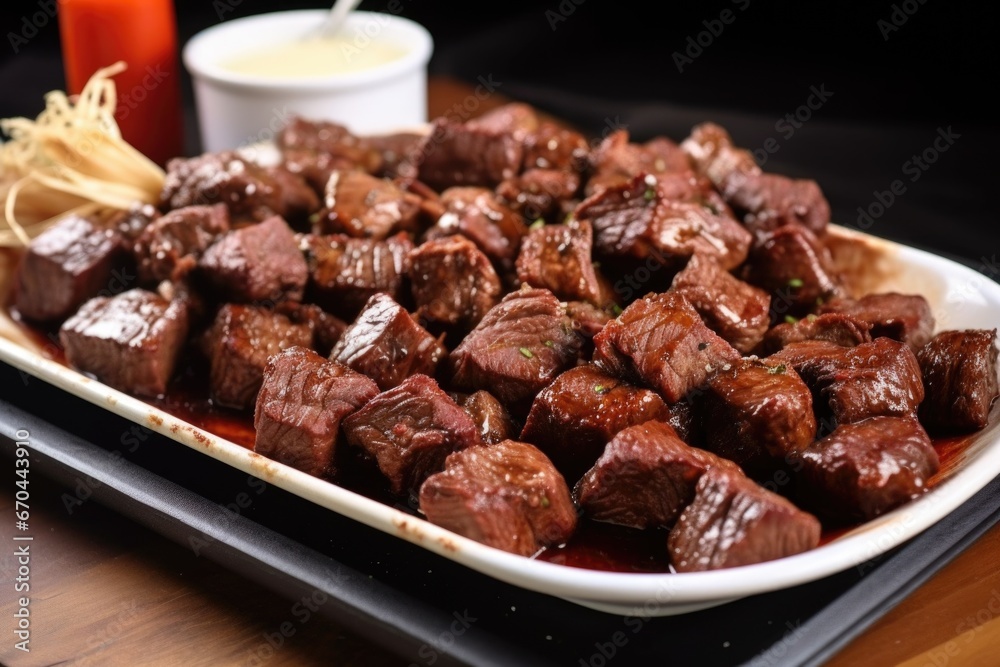 a serving platter filled with garlic bbq steak tips