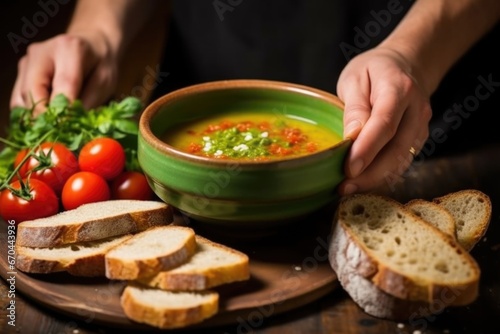serving a bowl of gazpacho with a slice of artisan bread held by a hand