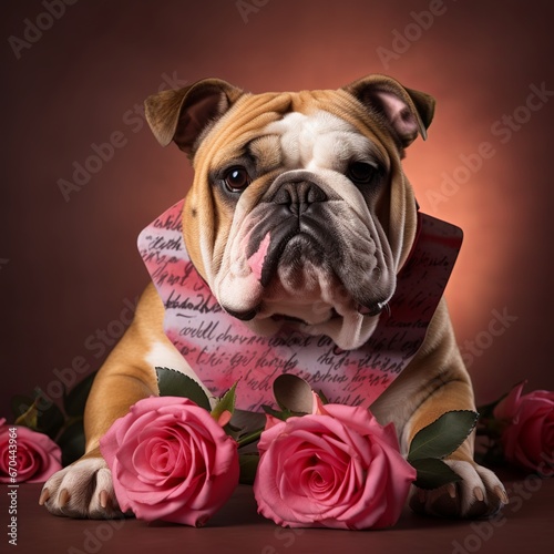 illustration of valentines bulldog dog with rose in mouth as a mugsh, Generative ai