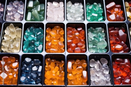 gemstones in trays separated by size and color