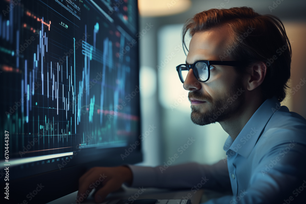 Business man trader big data analyst looking at computer monitor, stock broker analysing indexes, financial chart trading online on screen Business man trader big data analyst looking at computer monitor, stock broker analysing indexes, financial chart trading online on screen