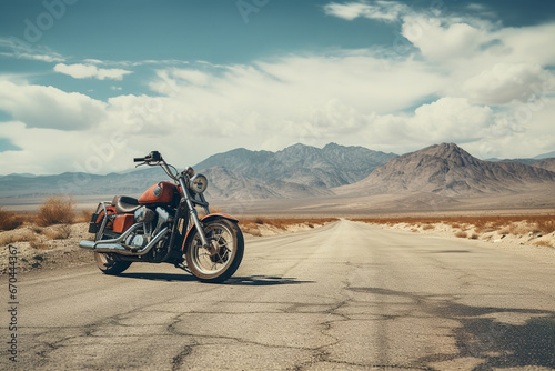 A motorcycle is parked on an empty road in the middle of the desert, exemplifying the idea of freedom and open-road adventure
