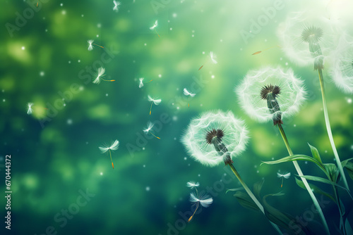 Dandelion seeds are blowing in the wind against a vibrant green background  capturing the transient and delicate nature of freedom