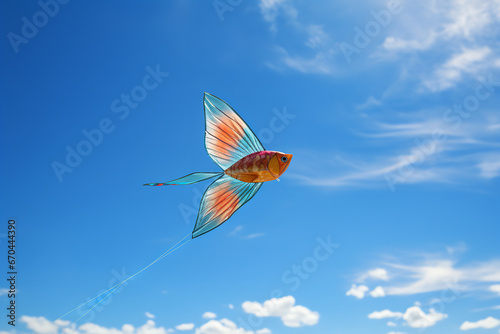 A colorful kite soars high in a clear blue sky, symbolizing the joy and freedom associated with open spaces and nature