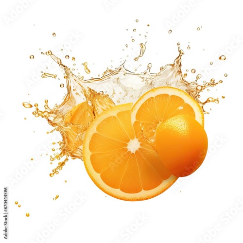 Water splash on fresh orange with leaves isolated on white background.