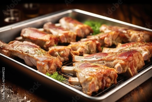 glazed pork ribs in a roasting pan fresh out of the oven