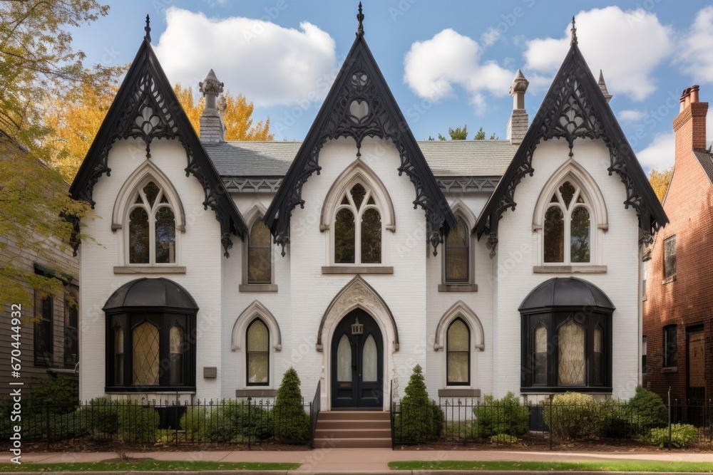 facade of a gothic revival house with pointed arch windows