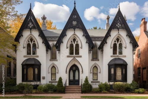 facade of a gothic revival house with pointed arch windows