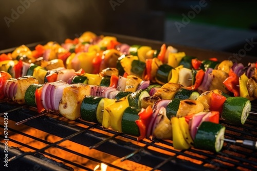 grill light shining on veggie skewers on the bbq