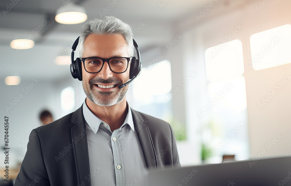 Mature male customer support phone operator with headset working in call centre. Smiling friendly man standing in customer support center. Copy space. Mature male customer support phone operator with headset working in call centre. Smiling friendly man standing in customer support center. Copy space.
