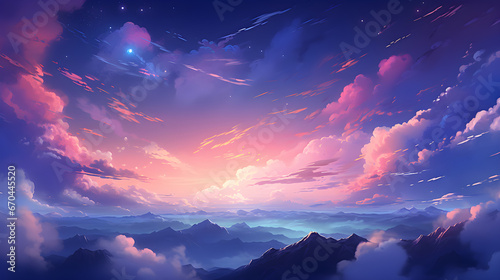 Colorful abstract landscape with mountains and clouds 